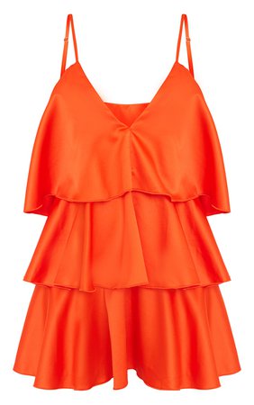 PLT Bright Orange Satin Plunge Tiered Shift Dress