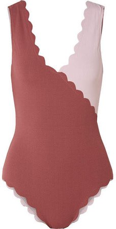 Canyon Point Scalloped Two-tone Stretch-crepe Swimsuit - Brick