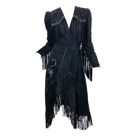 1970s Love, Melody Sabatasso Black Suede Fringe Rhinestone Studded Wrap Dress For Sale at 1stdibs