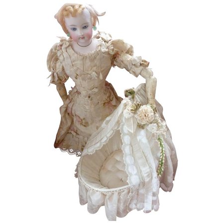 Adorable antique French cream doll's cradle : bed : lace and silk : French faded-grandeur | Ruby Lane