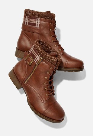 Cabin Cutie Sweater Cuff Lace-Up Boot in Brown - Get great deals at JustFab