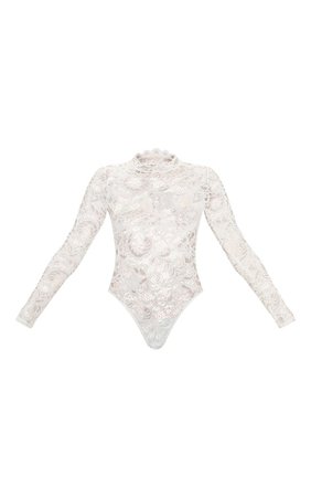 Black Sheer Lace Scallop Detail Bodysuit | PrettyLittleThing
