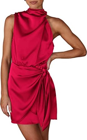 PRETTYGARDEN Women's Short Formal Satin Dress 2023 Summer Sleeveless Mock Neck Tie Waist Cocktail Party Dresses at Amazon Women’s Clothing store