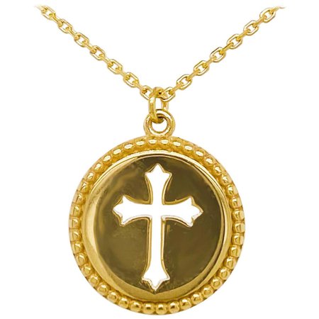 Cross Disk Necklace, 14 Karat Yellow Gold Cross Coin Pendant, Religious Pendant For Sale at 1stDibs