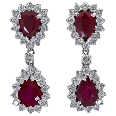 8.09 Carat Pear Shape Ruby and Diamond Halo Dangle Earrings For Sale at 1stDibs