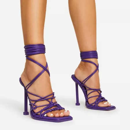 Girl-Talks Lace Up Knotted Strap Square Toe Heel In Purple Faux Leather
