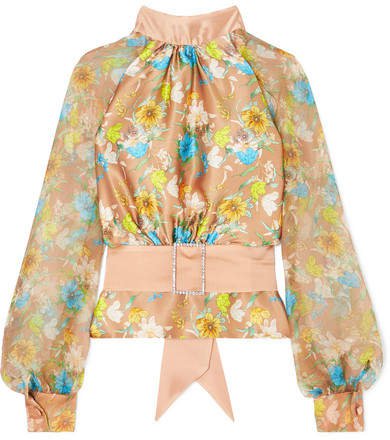 HARMUR - Open-back Floral-print Silk-satin And Crepon Blouse - Brass