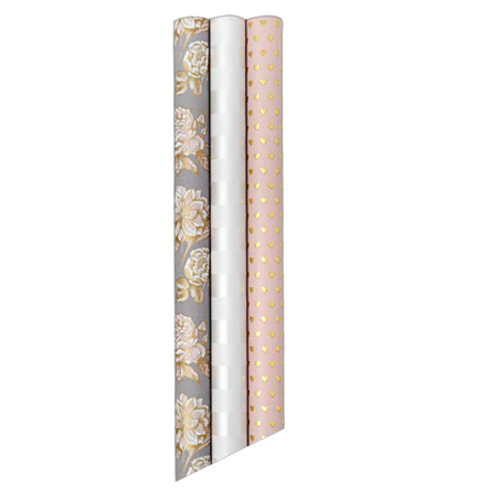 Hallmark Premium Wrapping Paper with Cut Lines on Reverse (3 Rolls: 85 sq. ft. ttl) Gold Hearts, Rose Flowers, White Stripes for Birthdays, Weddings, Mother's Day, Valentine's Day, Bridal Showers