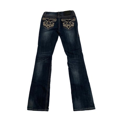 grunge low rise bootcut jeans with back hockey embroidered details