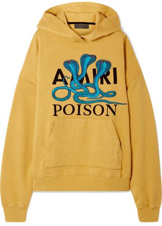 Embroidered Printed Cotton-jersey Hoodie - Mustard