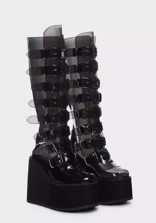 Demonia Knee High Buckle Platform Boots - Clear Smoke Tpu – Dolls Kill