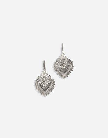 Women's Jewellery | Dolce&Gabbana - DEVOTION EARRINGS IN WHITE GOLD WITH DIAMONDS AND PEARLS