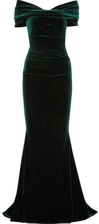 Bobonne Off-the-shoulder Ruched Stretch-velvet Gown - Dark green