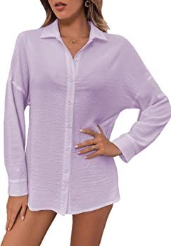 MakeMeChic Women's Oversized Button Down Shirts Collared Button Up Shirt Blouse Top Lilac Purple S at Amazon Women’s Clothing store