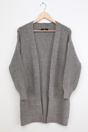 Heather Grey Sweater - Pointelle Knit Cardigan - Open Cardigan - Lulus