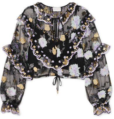 Ruffled Embroidered Tulle Blouse - Black