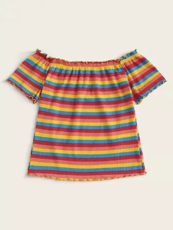 Lettuce Edge Rainbow Striped Rib-knit Tee | SHEIN USA