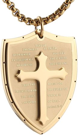 HZMAN Shield Armor of God Ephesians 6:16-17, Faith Cross Stainless Steel Pendant Necklace (Gold) | Amazon.com