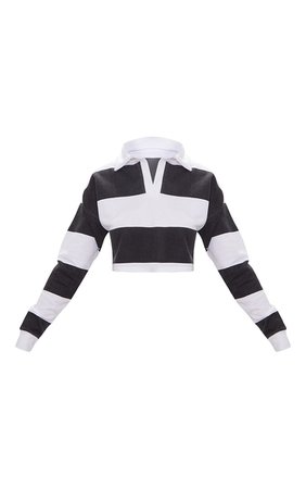 Black Stripe Collar Polo Long Sleeve Crop Top | PrettyLittleThing USA