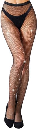 MengPa Women's Fishnets Sparkly Tights High Waist Rhinestone Stockings (Small Hole-Black) US2466A at Amazon Women’s Clothing store