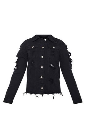 Abegaila Black Distress Oversized Denim Jacket | PrettyLittleThing