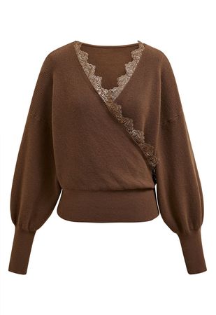 Lacy Faux-Wrap Knit Crop Top in Caramel - Retro, Indie and Unique Fashion