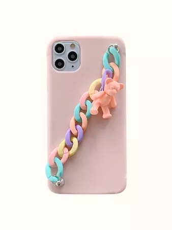3D Bear Decor Colorful Chain Hand Strap Phone Case