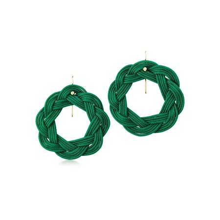 Elsa Peretti® Circle hook earrings in green woven silk with 18k gold. | Tiffany & Co.