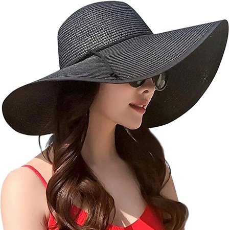 JOYEBUY Women Big Bowknot Straw Hat Floppy Foldable Roll up UV Protection Beach Cap Sun Hat (Style B-Black) at Amazon Women’s Clothing store