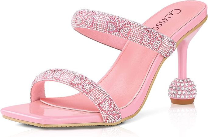 Amazon.com | CAMSSOO Women's Rhinestones Heels Sandals Square Open Toe Strappy Slip On Mules Dress Sexy Fashion Wedding Backless Stilettos Heeled Slippers Pink PU Size US 8 CN 39 | Shoes