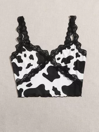 Lace Trim Cow Print Cami Top | SHEIN USA black