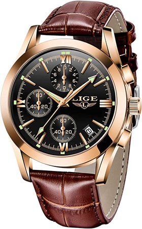 Amazon.com: LIGE Mens Watches Leather Fashion Dress Wristwatch Analog Quartz Watch Men Date Business Dress Watch Gents Waterproof Sport Casual Watch Clock Gold : Clothing, Shoes & Jewelry
