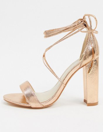 Glamorous Wide Fit block heeled sandals with ankle tie in rose gold metallic | ASOS
