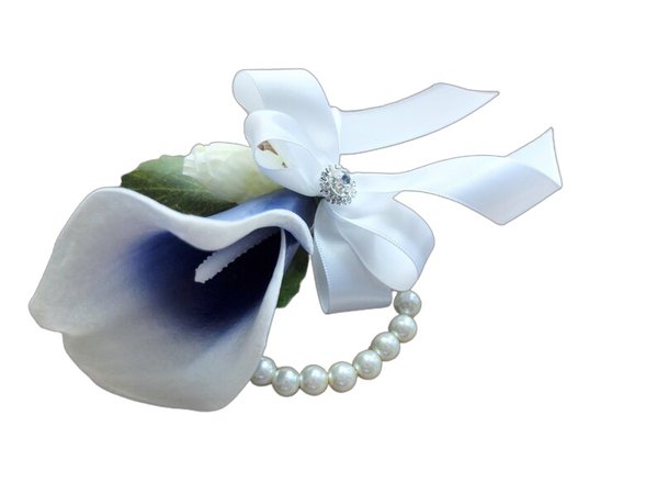 Wrist Corsage, Royal Blue Picasso Calla Lily with White ribbons Wrist Corsage