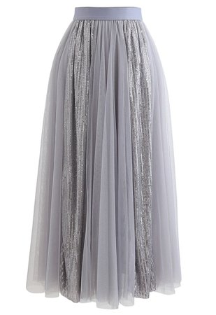 Shimmer Sequin Panelled Tulle Maxi Skirt in Grey - Retro, Indie and Unique Fashion