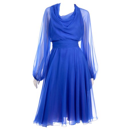1970s Estevez Blue Chiffon Vintage Dress Sheer Sleeves Size 4/6 For Sale at 1stDibs