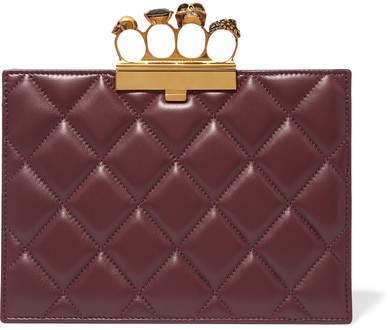 Knuckle Embellished Quilted Leather Clutch - Burgundy