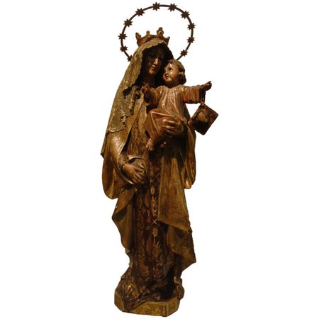 19th C. Wooden Sculpture Virgin Mary with Jesus - Wood Carved Polychrome Figure For Sale at 1stdibs