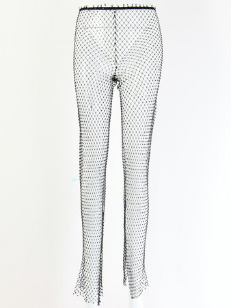 Black Cut Out With Rhinestones Slit Glitter Sparkly Party Sheer Mesh Fishnet Long Pants - Pants - Bottoms
