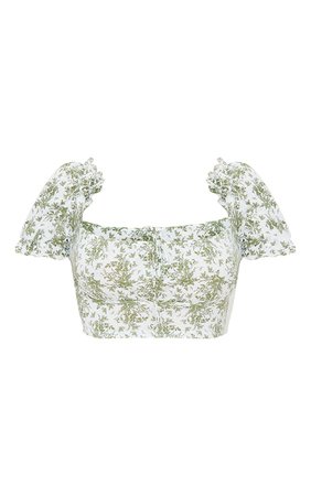SAGE GREEN FLORAL PRINTED JERSEY PUFF SLEEVE FRILL EDGE CROP TOP