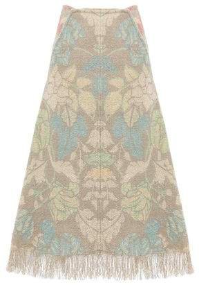 Fringe-trimmed Floral-print Jute-blend Midi Skirt