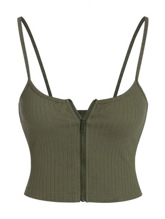[37% OFF] 2020 ZAFUL Ribbed Zip Front Crop Camisole In ARMY GREEN | ZAFUL