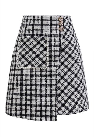 Patch Pocket Plaid Tweed Flap Skirt in Black - Retro, Indie and Unique Fashion