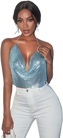 SheIn Women's Sparkle Sequin Halter Tops Sleeveless Backless Cowl Neck Chain Crop Cami Blue Large at Amazon Women’s Clothing store