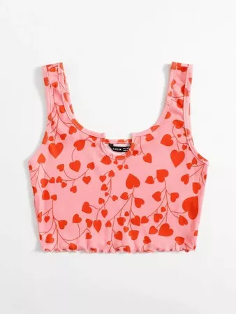 pink Notched Neck Lettuce Trim Heart Print Tank Top | SHEIN USA