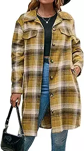 Amazon.com: Fashionable Beauty Flannel Plaid Jacket Shacket for Women Button Down Long Sleeve Blouses Coats Lapel Long Outwear (Color : Yellow, Size : S-Small) : Clothing, Shoes & Jewelry