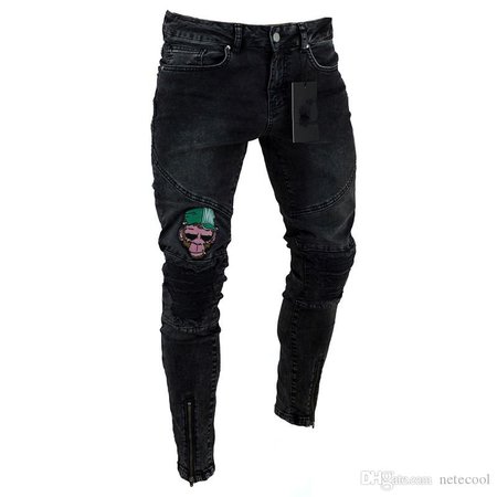FITS Men s Jeans Stretchy Ripped Skinny Biker Jeans Cartoon Pattern Destroyed  Taped Slim Fit Black Denim Pants Hot Sell