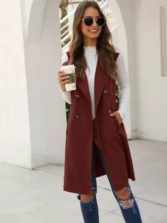 Solid Double-breasted Waterfall Collar Trench Vest | SHEIN USA