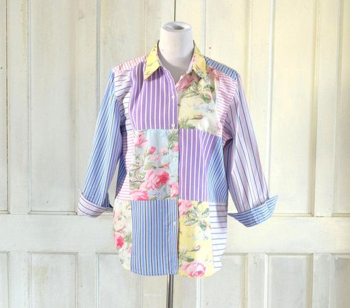90s Patchwork Print Blouse Floral and Contrasting Stripes | Etsy