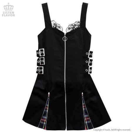 ベルト付きジップアップジャンパースカート【BLACK】／リッスンフレーバー　[原宿系ファッション]